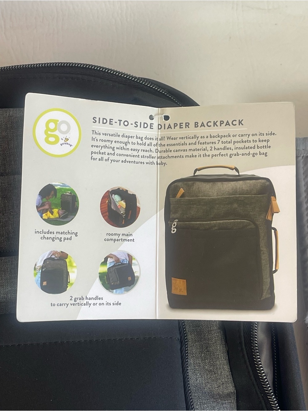 Go by Goldbug Side-to-Side Diaper Backpack Gray Black w/ Changing Pad NWT - Picture 6 of 8